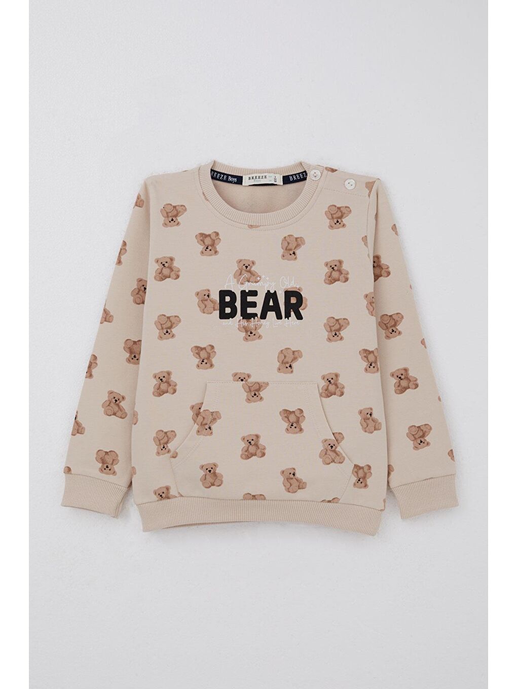 Erkek Bebek Eşofman Takımı Sevimli Ayıcık Desenli Pantolonu Düğme Aksesuarlı Bej (9 Ay-3 Yaş)-1