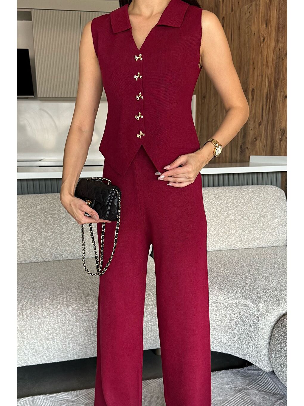 Bordo Gömlek Yaka Yelek Pantolon Triko İkili Takım-2