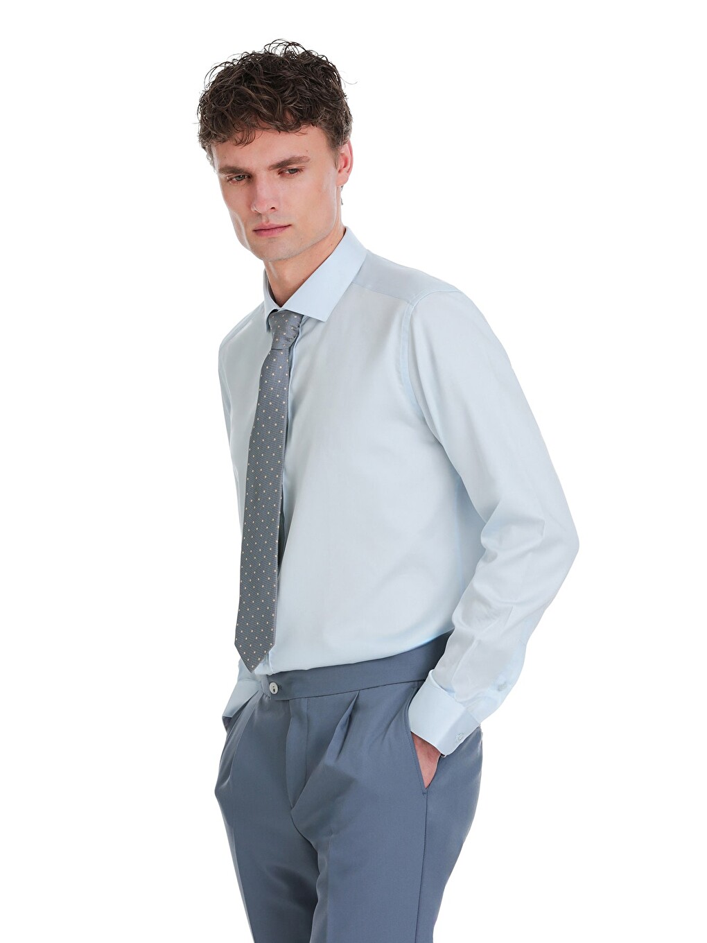 Mavi Slim Fit 100% Pamuk Açık İtalyan Yaka Uzun Kollu Saten Gömlek-2