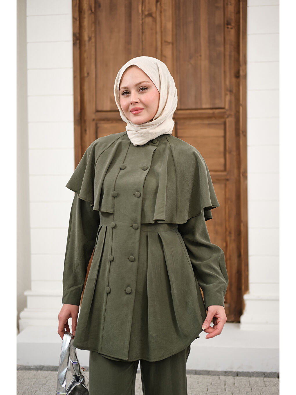 Kadın Düğme Detay Pelerinli Pantolonlu Takım Yeşil-1