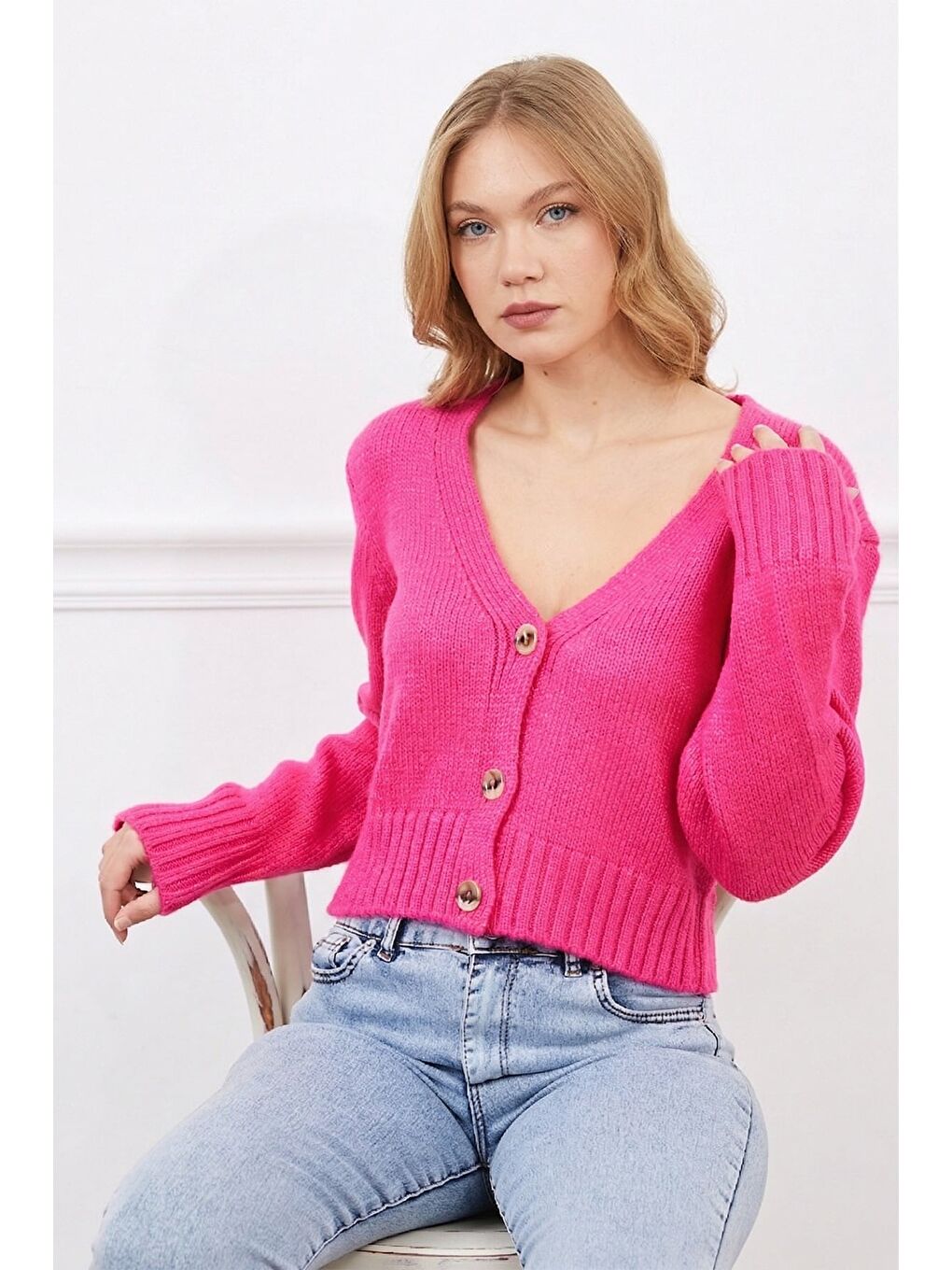 Fuşya Düğmeli V Yaka Triko Hırka-1