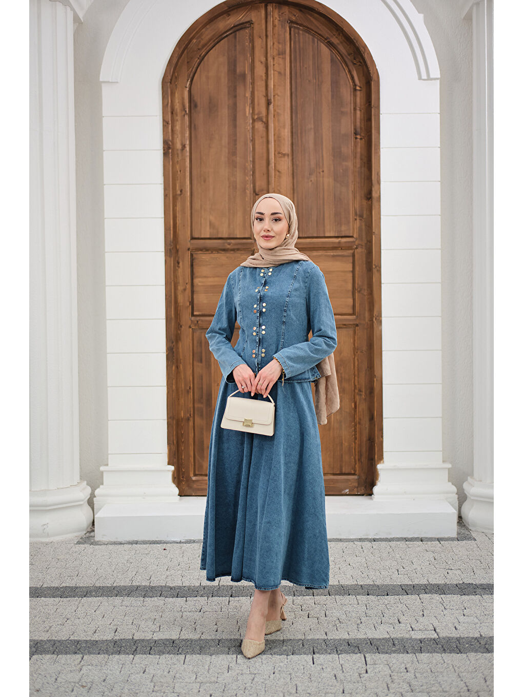 Kadın Çıtçıtlı Bisiklet Yaka Etekli Jean Takım Buz Mavi-3