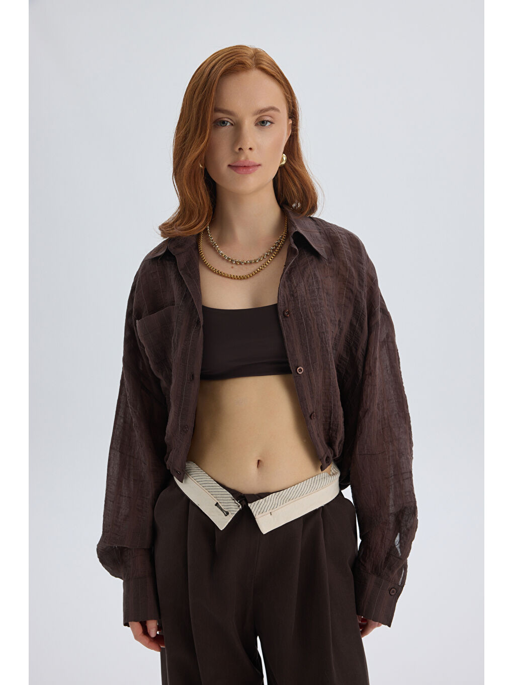 Kahverengi Claps İnce Kahve Kısa Gömlek-5
