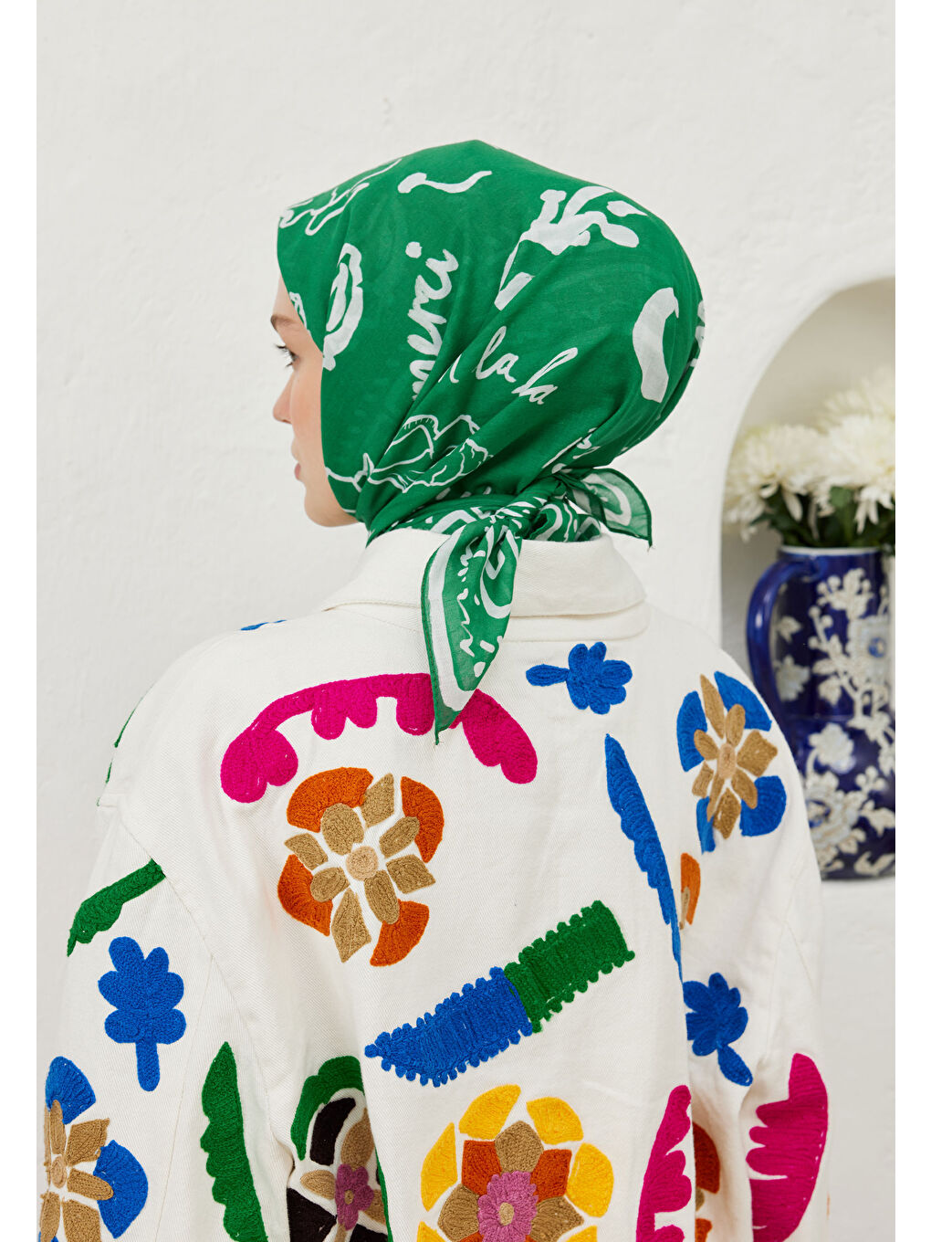 Summer Vibes Desen Pamuk Vual Eşarp Yeşil-3