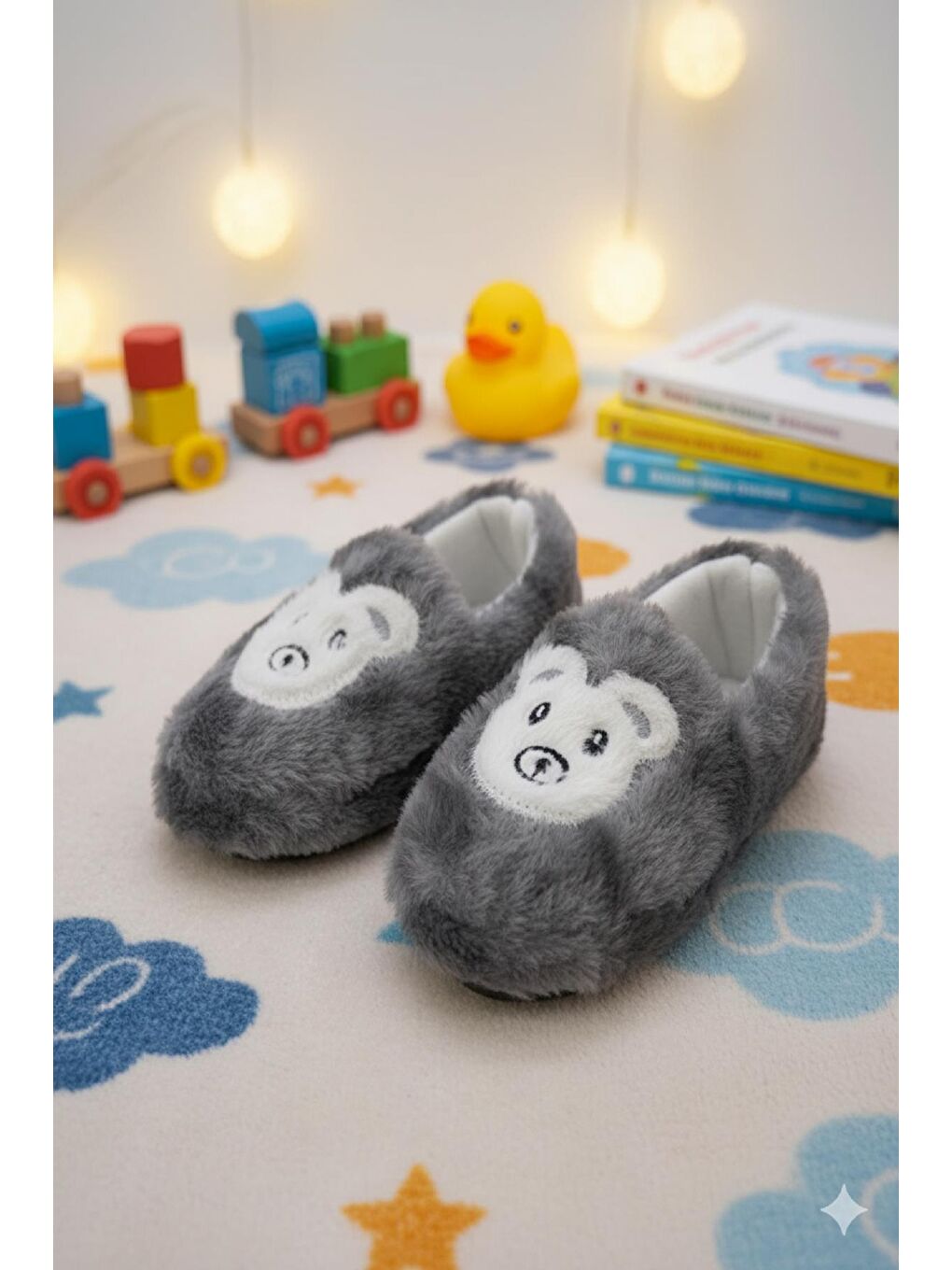 Gri Dama Desenli Kaydırmaz Taban Kreş Ev Okul Ayakkabısı Bebek Çocuk Panduf Ev Botu