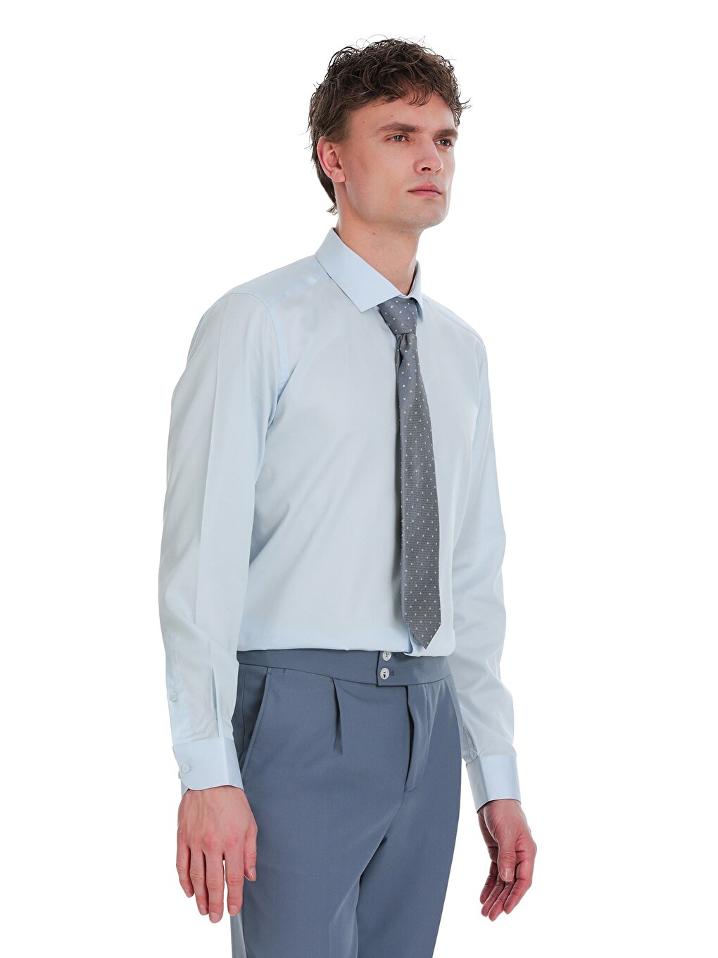 Mavi Slim Fit 100% Pamuk Açık İtalyan Yaka Uzun Kollu Saten Gömlek-3