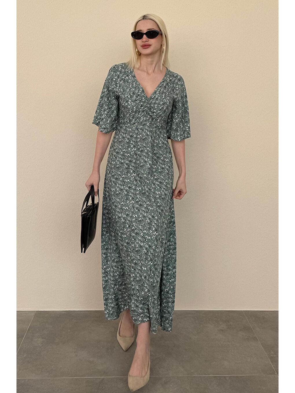 Mint Yeşili Çiçek Desenli Yarım Kollu Elbise Mg2390-1