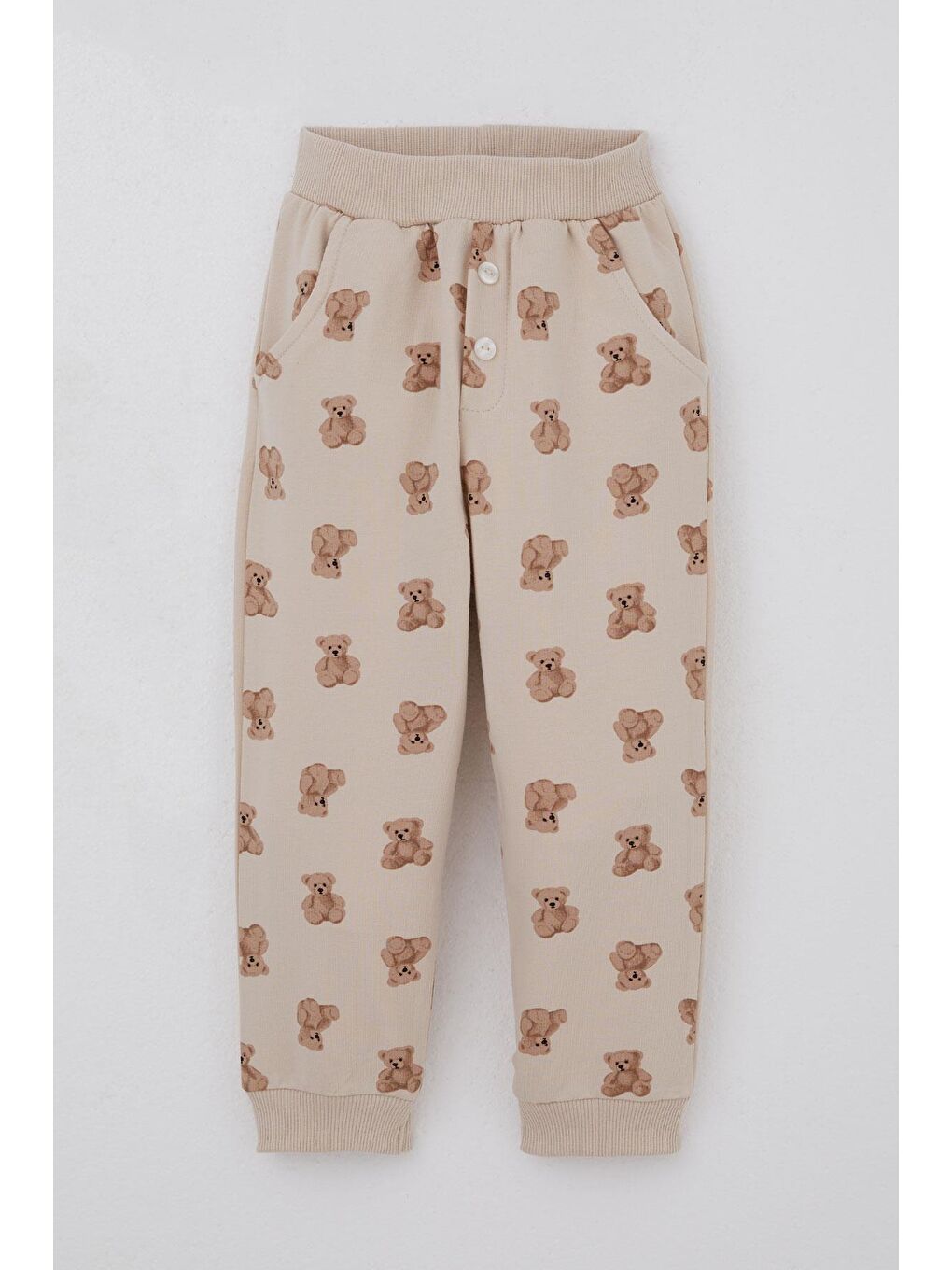 Erkek Bebek Eşofman Takımı Sevimli Ayıcık Desenli Pantolonu Düğme Aksesuarlı Bej (9 Ay-3 Yaş)-2