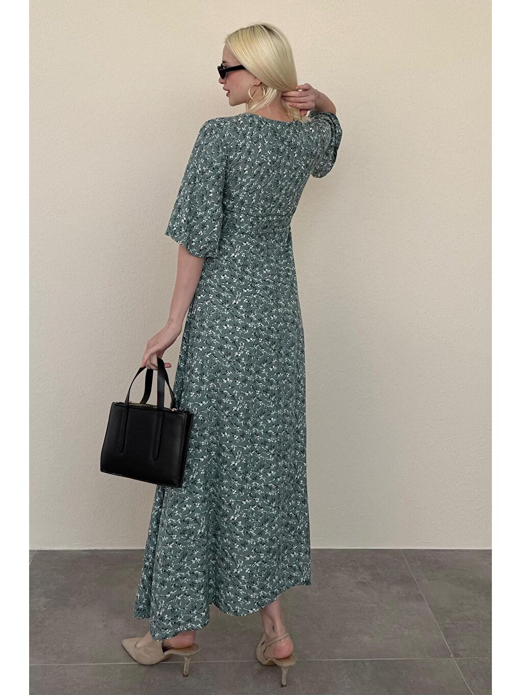 Mint Yeşili Çiçek Desenli Yarım Kollu Elbise Mg2390-2