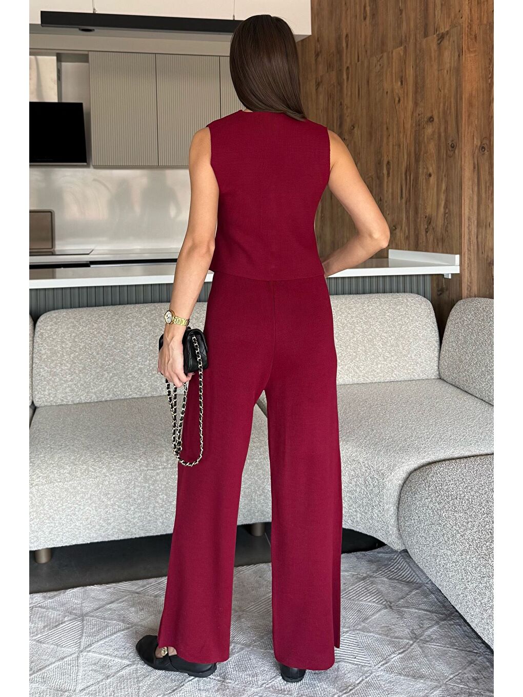 Bordo Gömlek Yaka Yelek Pantolon Triko İkili Takım-3