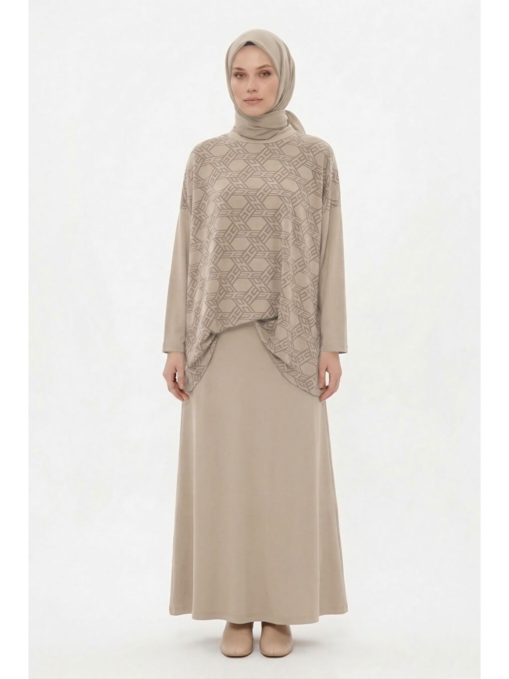 Desen Detaylı Pantolonlu Takım 1058 Bej-1