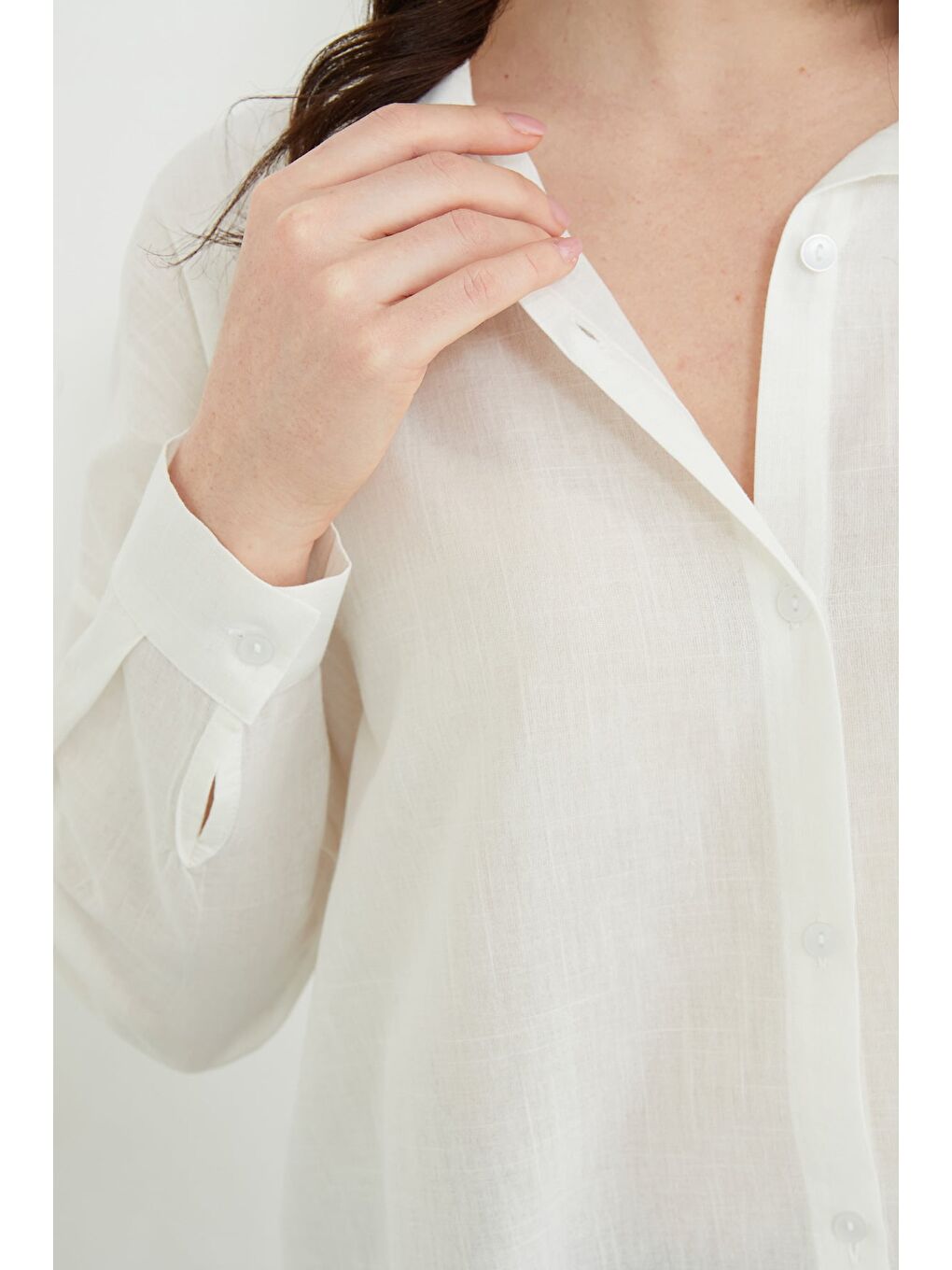 Ekru Basic Keten Görünümlü Oversize Gömlek-4