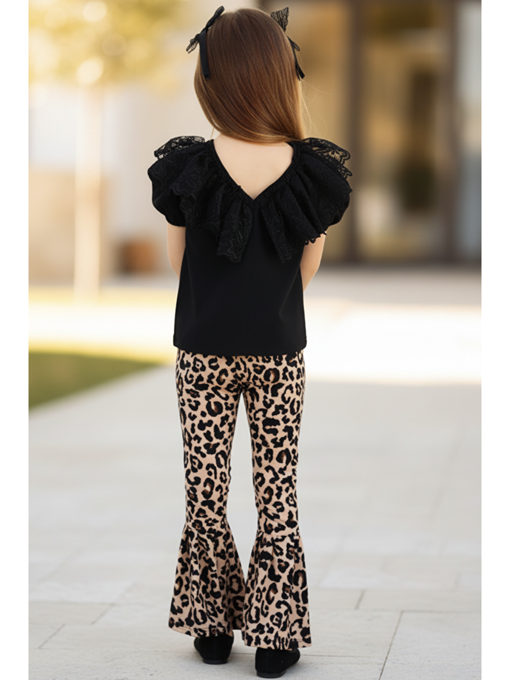Kız Çocuk Dantel Detaylı Kısa Kollu Siyah Bluz İspanyol Tayt Pantolon Toka Alt Üst Takım-2