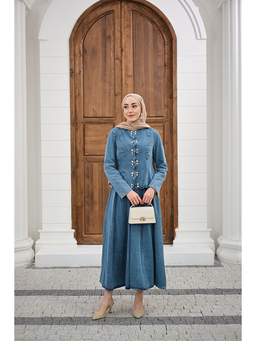 Kadın Çıtçıtlı Bisiklet Yaka Etekli Jean Takım Buz Mavi-4