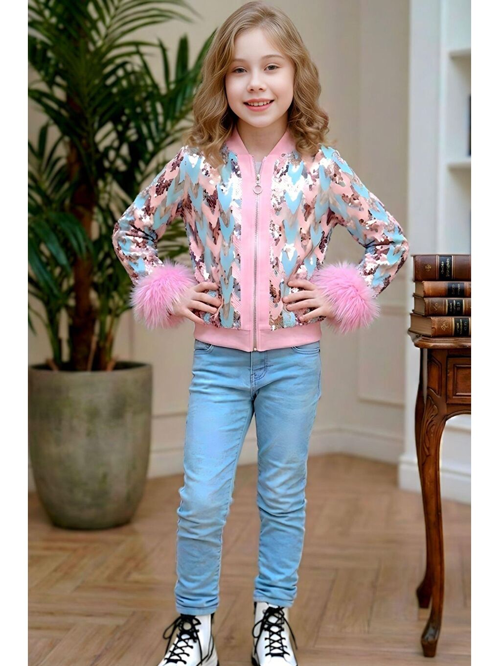 Kız Çocuk Pullu Zikzak Desenli Kürklü Ceket ve Jean Pantolon Pembe Alt Üst Takım