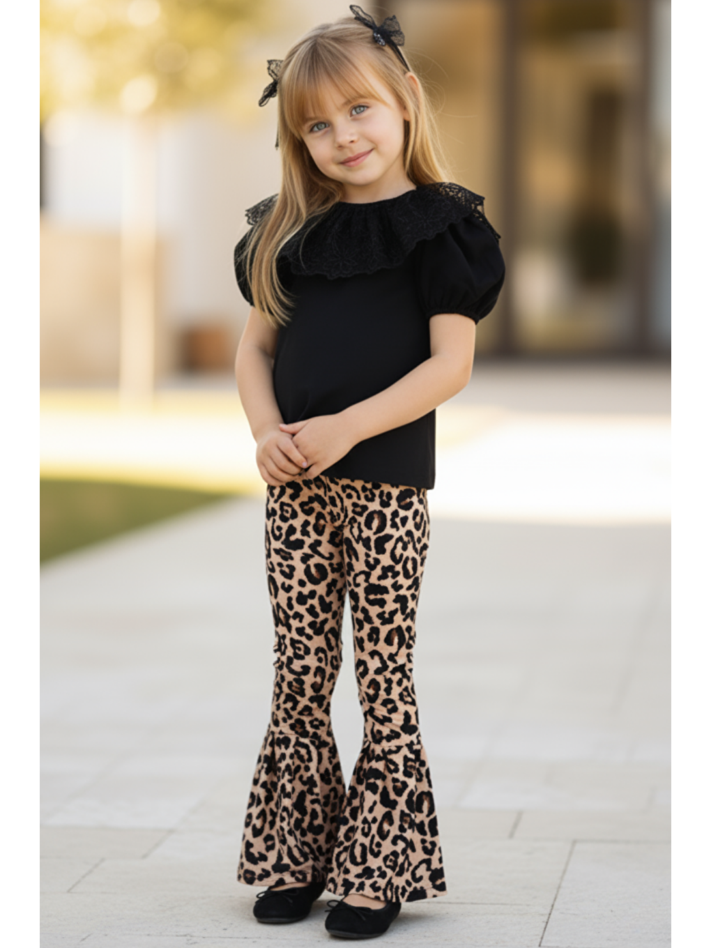 Kız Çocuk Dantel Detaylı Kısa Kollu Siyah Bluz İspanyol Tayt Pantolon Toka Alt Üst Takım-3