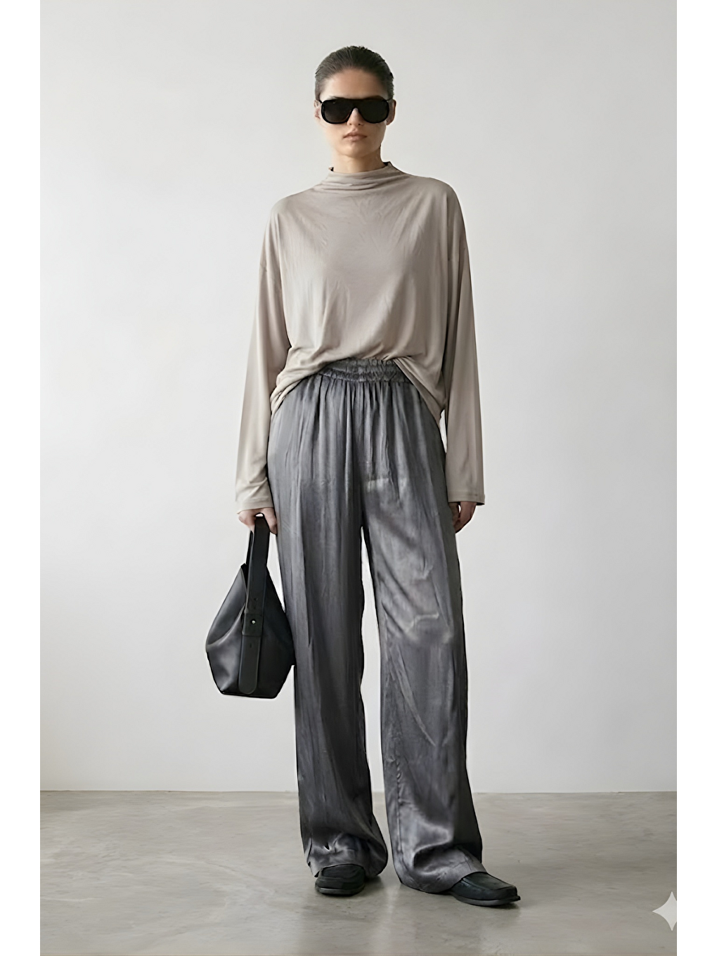 NORA | Dik Yaka Rahat Kesim Bluz Taş Gri-1