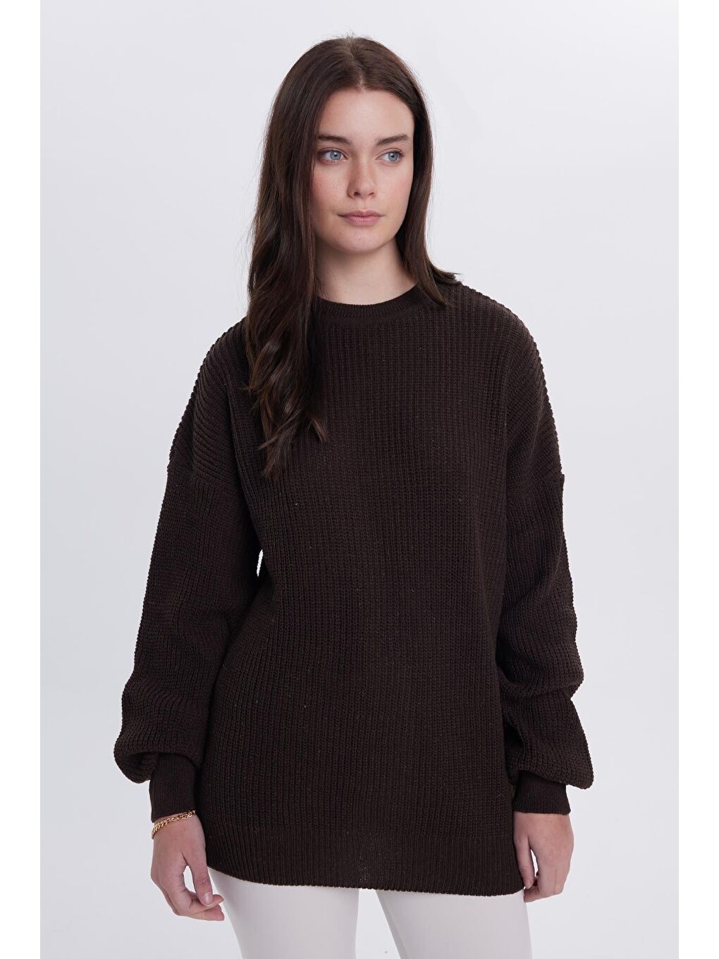 Kadın Oversize Geniş Kesim Örme Detaylı Bisiklet Yaka Kahverengi Kazak