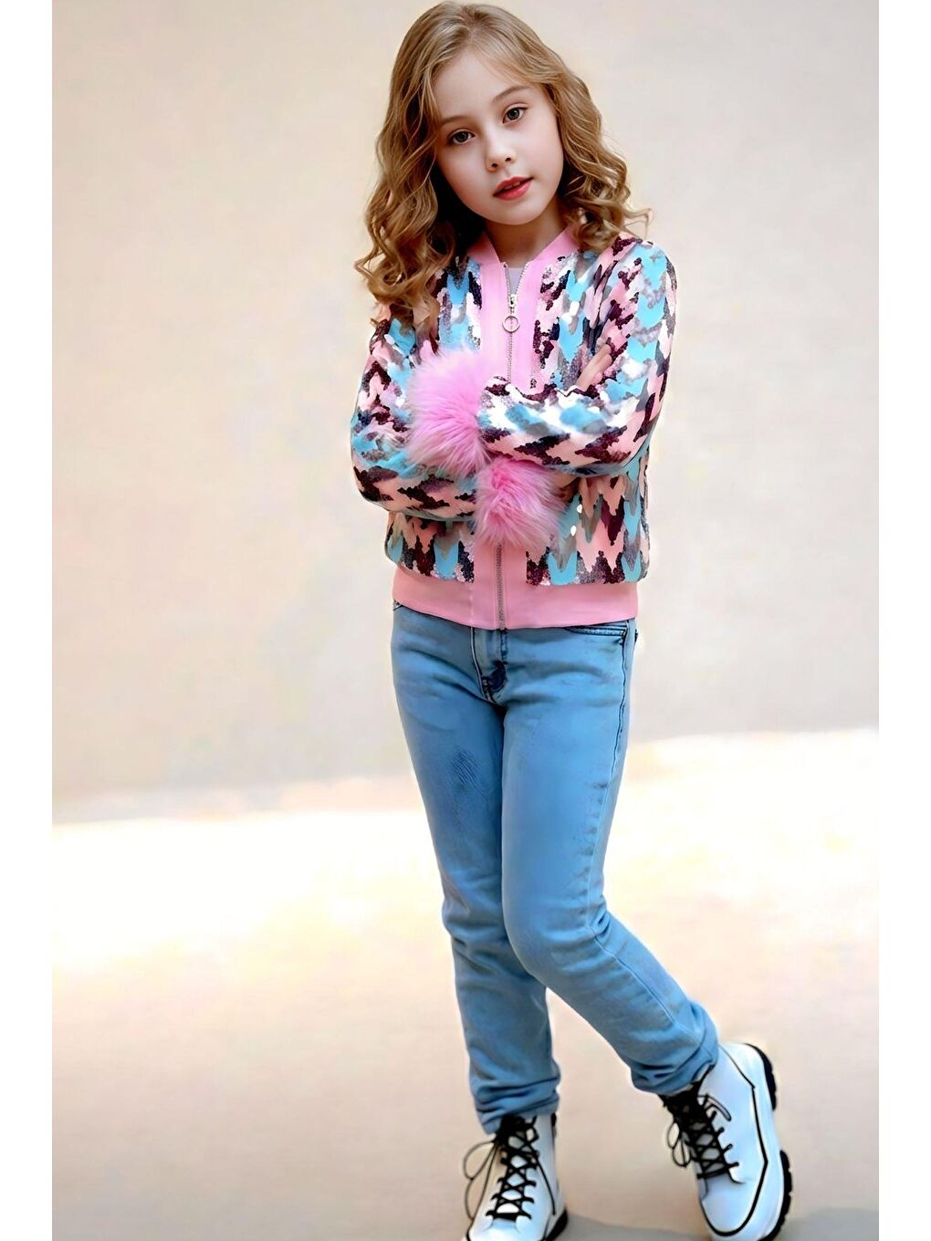 Kız Çocuk Pullu Zikzak Desenli Kürklü Ceket ve Jean Pantolon Pembe Alt Üst Takım-1