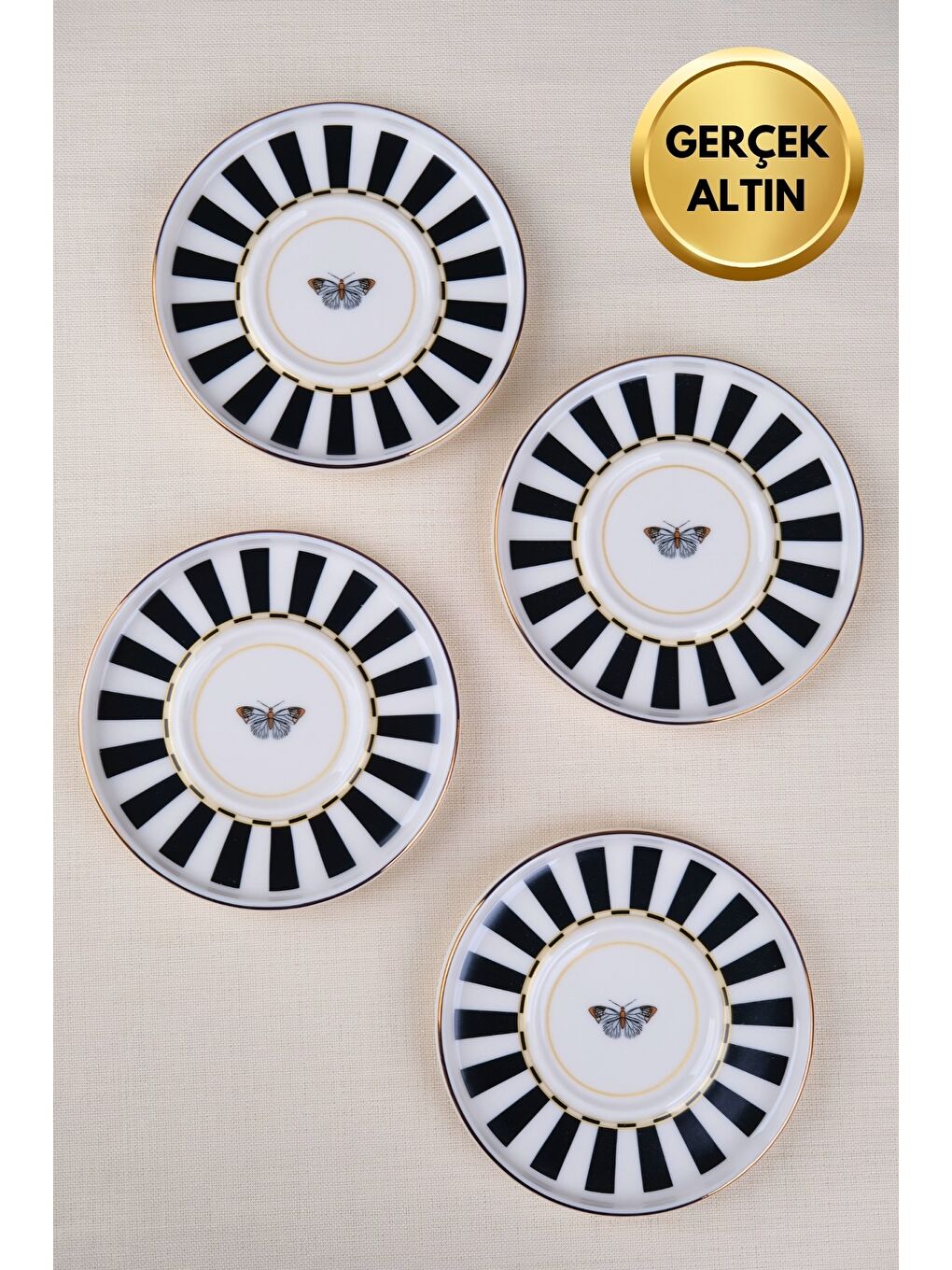 Karışık Porselen Butterfly Collection Altın Yaldızlı Çay Tabağı 11,8cm Siyah 4 lü