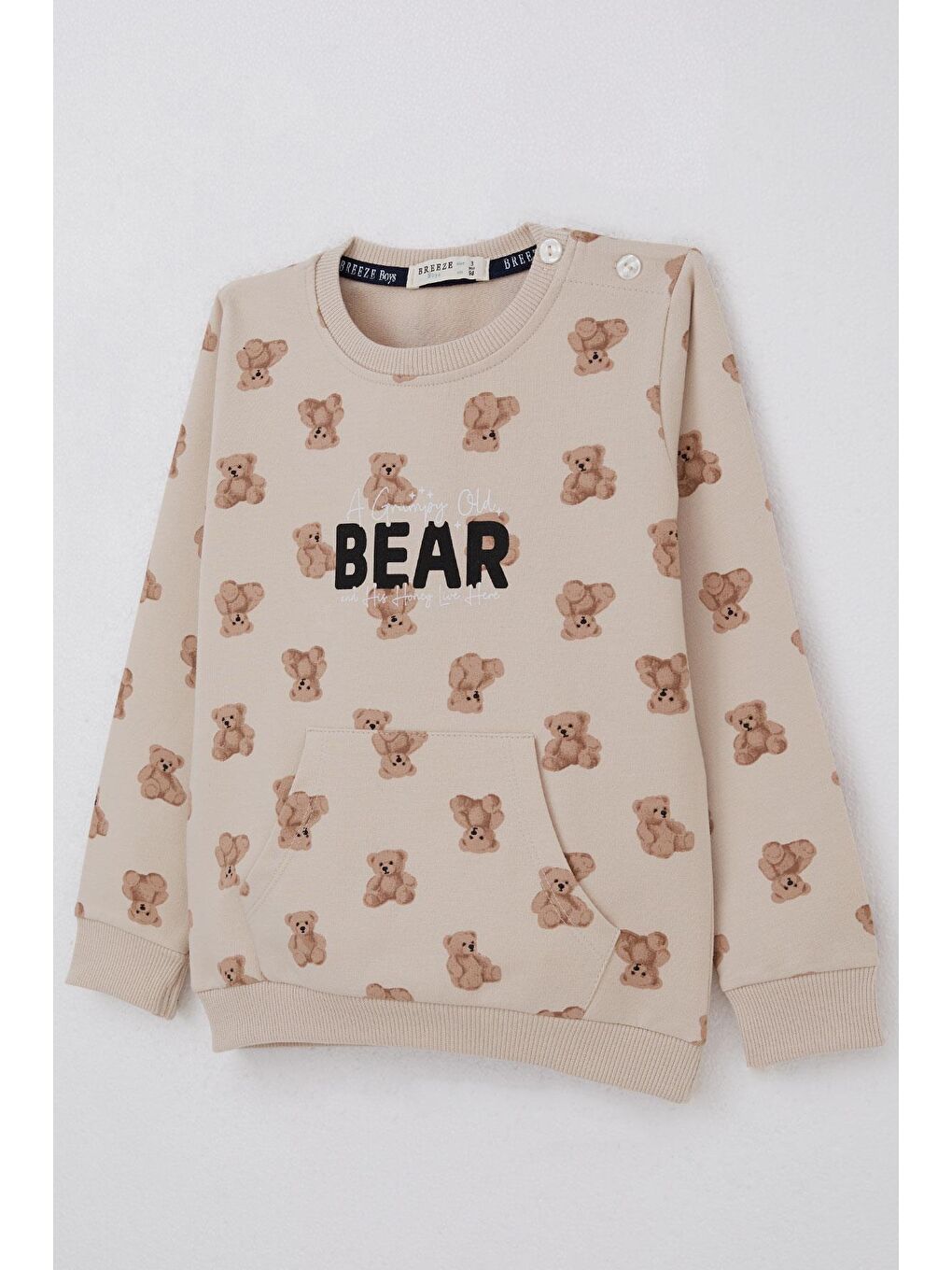 Erkek Bebek Eşofman Takımı Sevimli Ayıcık Desenli Pantolonu Düğme Aksesuarlı Bej (9 Ay-3 Yaş)-5