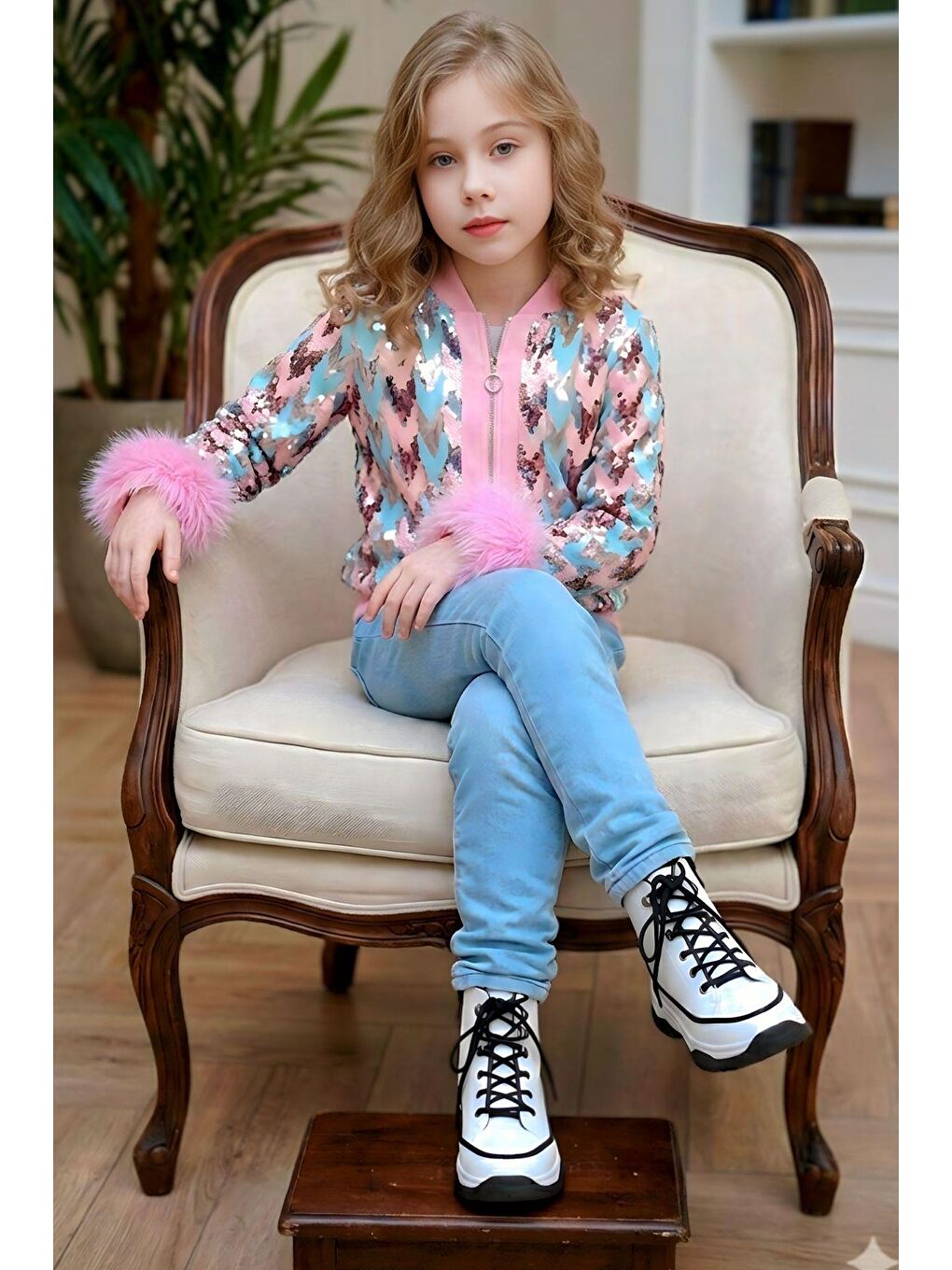 Kız Çocuk Pullu Zikzak Desenli Kürklü Ceket ve Jean Pantolon Pembe Alt Üst Takım-2