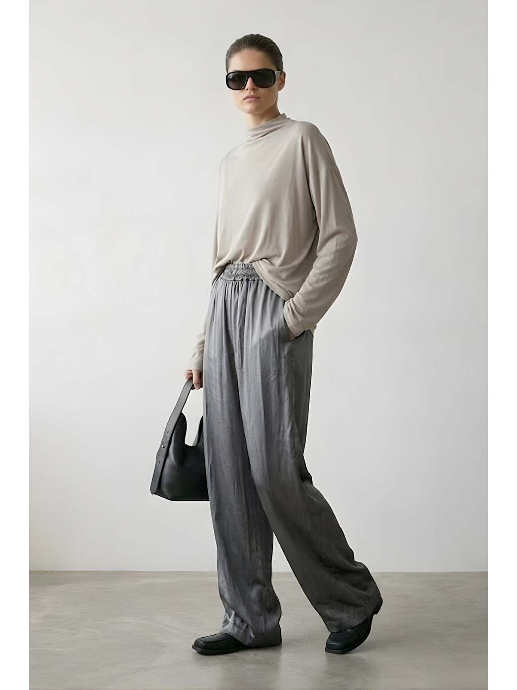 NORA | Dik Yaka Rahat Kesim Bluz Taş Gri-3