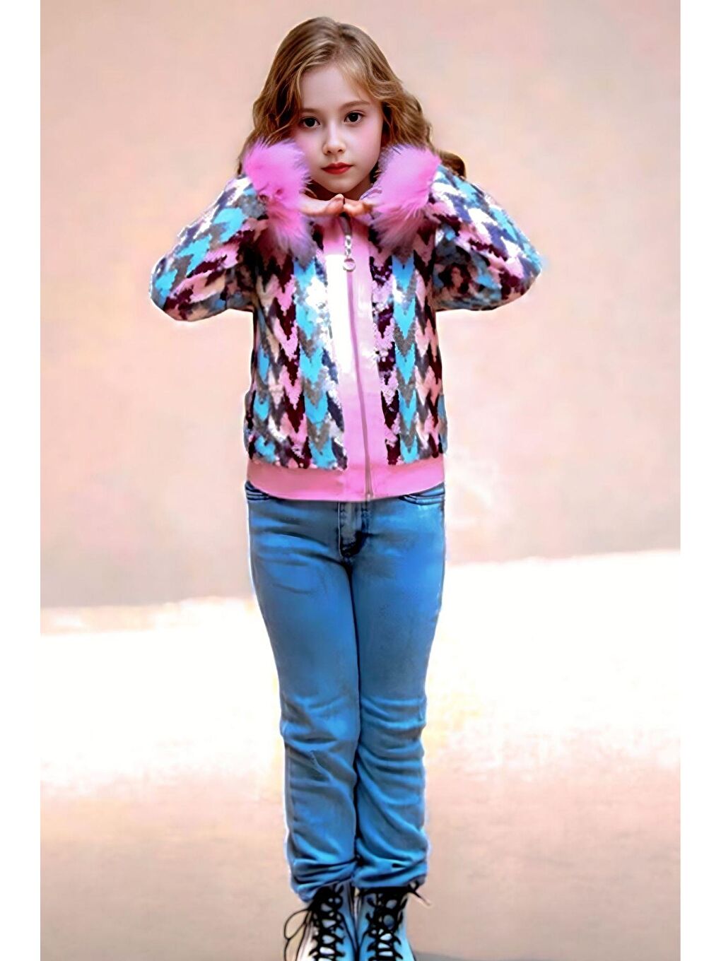 Kız Çocuk Pullu Zikzak Desenli Kürklü Ceket ve Jean Pantolon Pembe Alt Üst Takım-3