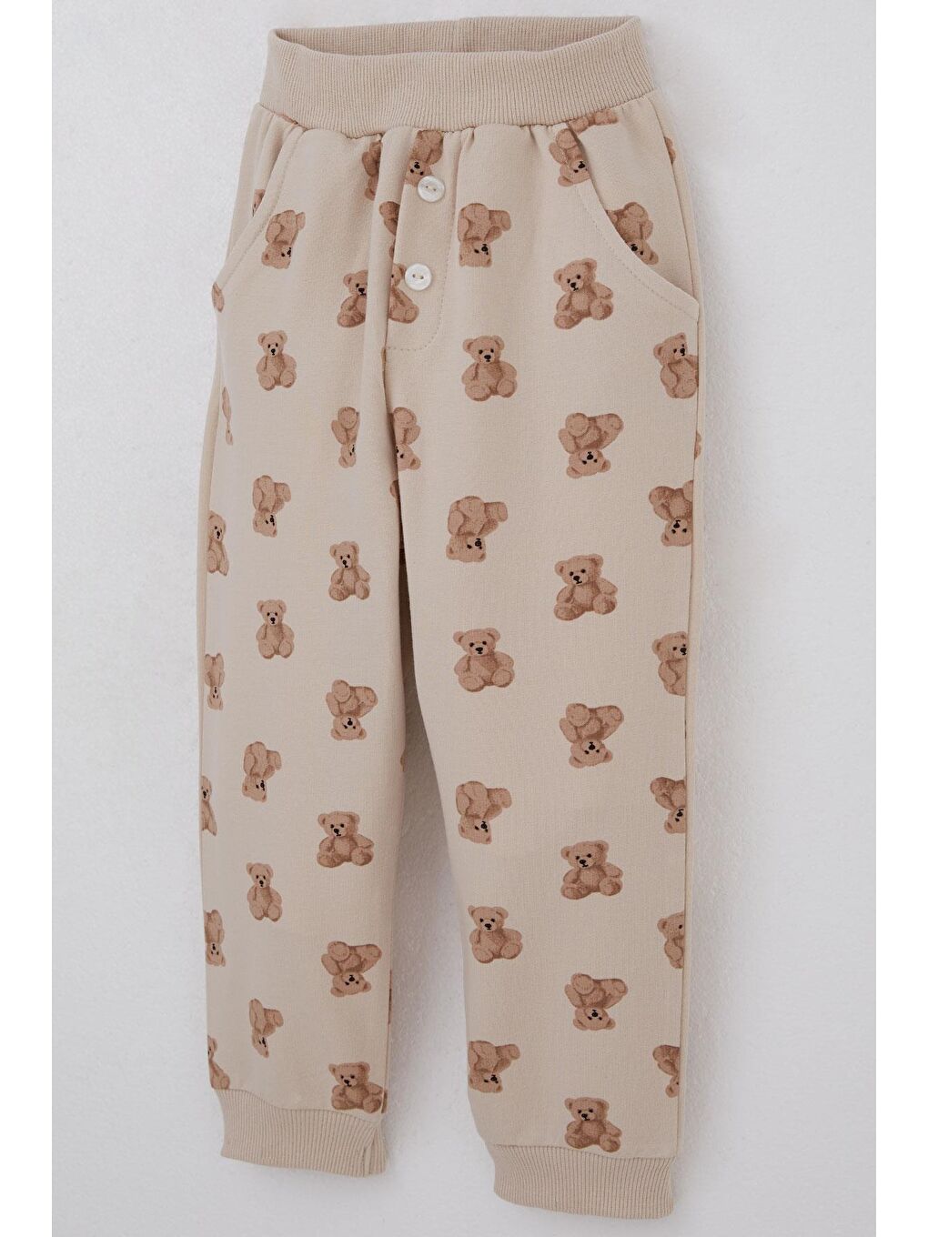 Erkek Bebek Eşofman Takımı Sevimli Ayıcık Desenli Pantolonu Düğme Aksesuarlı Bej (9 Ay-3 Yaş)-6
