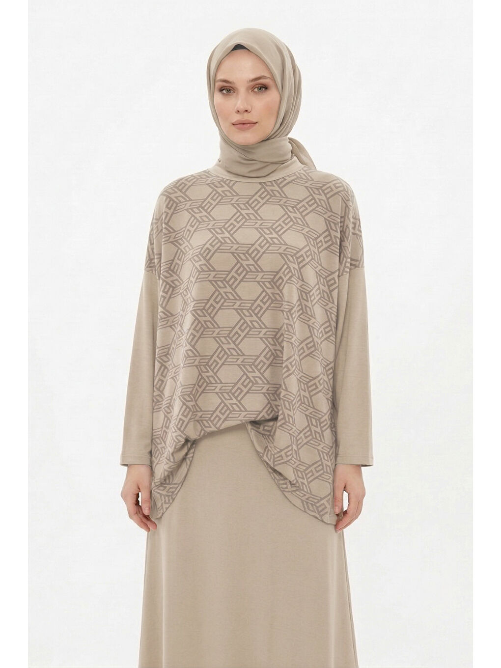 Desen Detaylı Pantolonlu Takım 1058 Bej-3