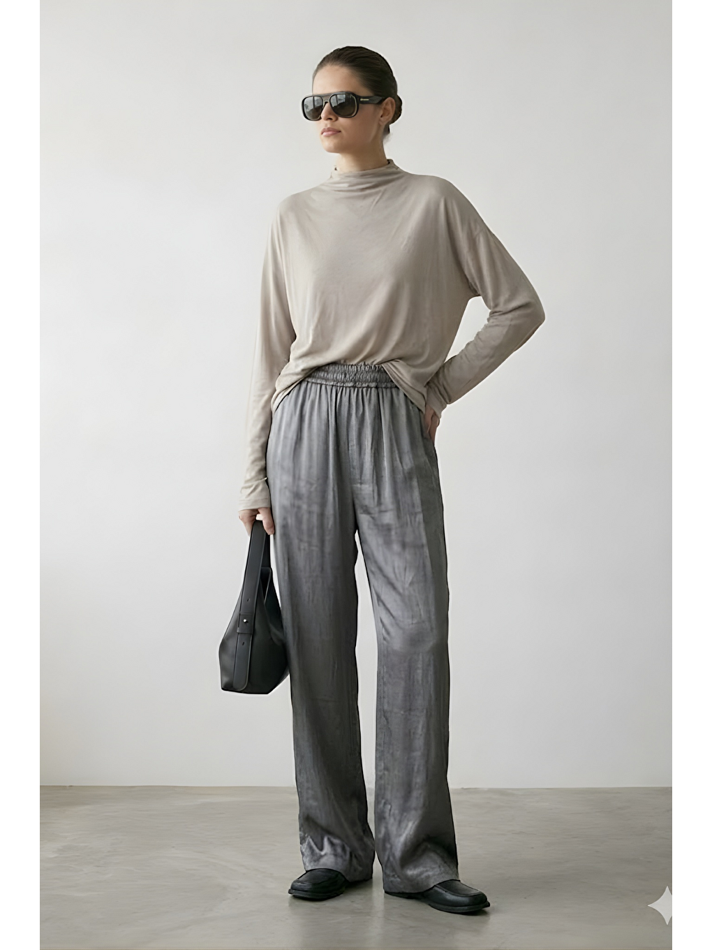 NORA | Dik Yaka Rahat Kesim Bluz Taş Gri-4