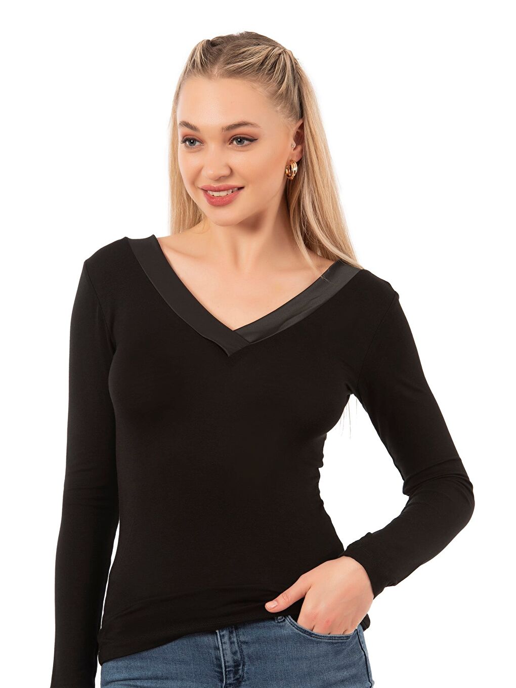 Kadın Viskon Saten Yakalı Bluz | Siyah 26984