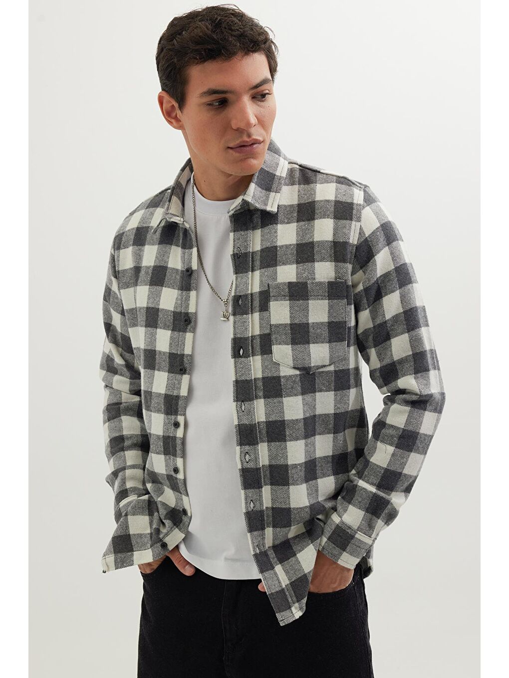 Karışık Erkek Slim Fit Dar Kesim Uzun Kollu Cepli Kareli Dama Desenli Kışlık Oduncu Gömlek-4