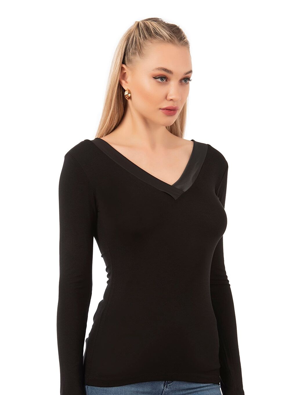 Kadın Viskon Saten Yakalı Bluz | Siyah 26984-2