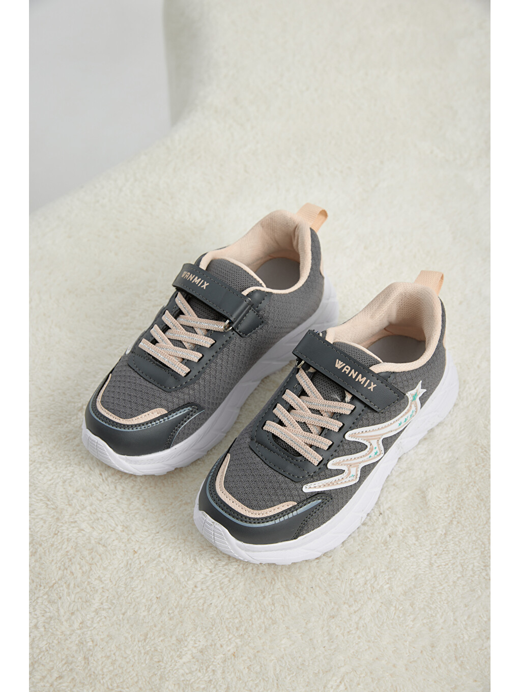 Gri Çocuk Unisex Füme Pudra Rahat Kalıp Nefes Alabilen Cırtlı Sneaker-1