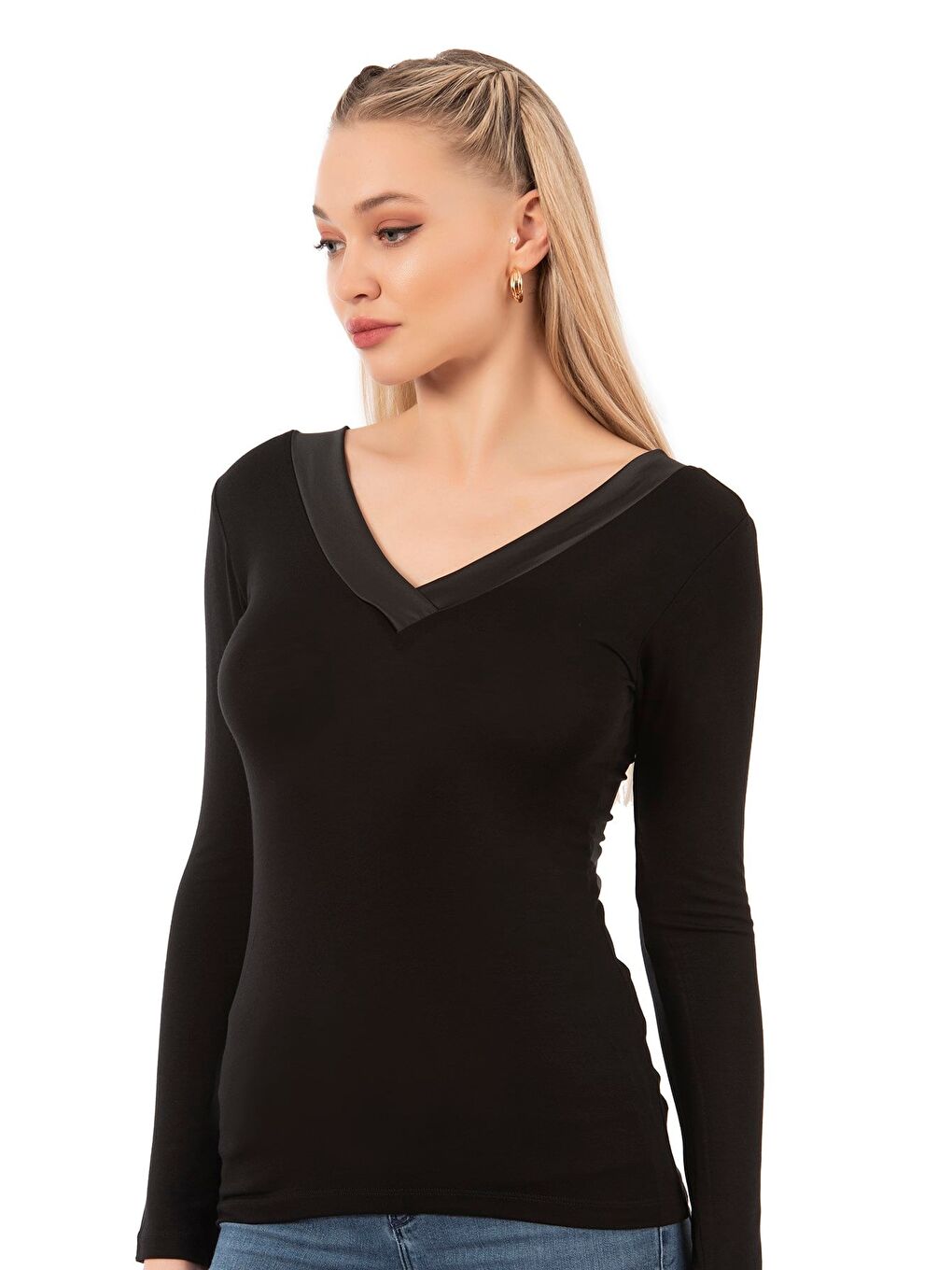 Kadın Viskon Saten Yakalı Bluz | Siyah 26984-3