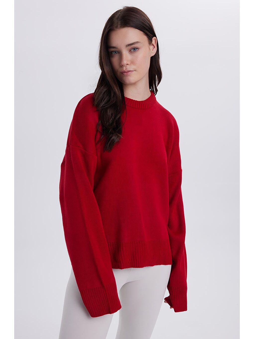 Kadın Oversize Geniş Kesim Bisiklet Yaka Kırmızı Kazak-1