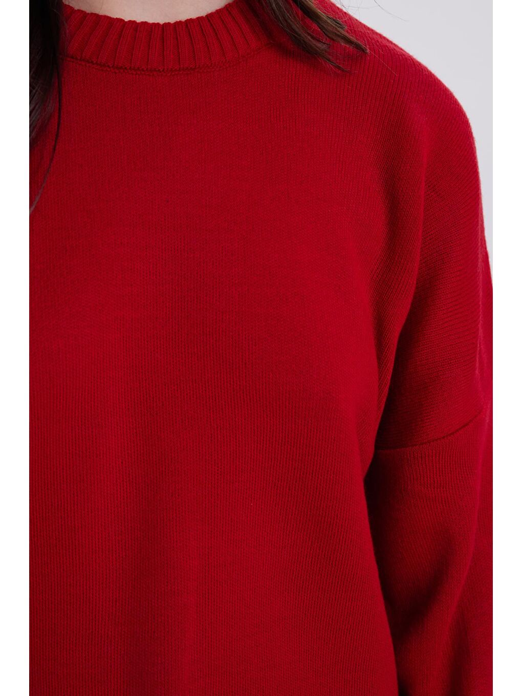 Kadın Oversize Geniş Kesim Bisiklet Yaka Kırmızı Kazak-2