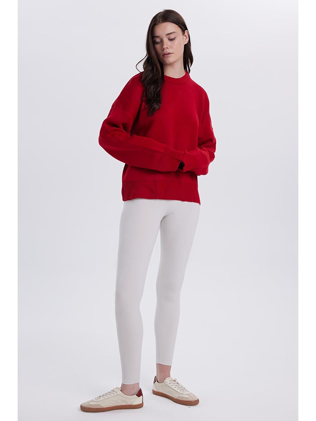 Kadın Oversize Geniş Kesim Bisiklet Yaka Kırmızı Kazak-3