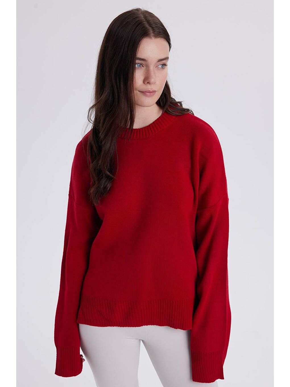 Kadın Oversize Geniş Kesim Bisiklet Yaka Kırmızı Kazak-4