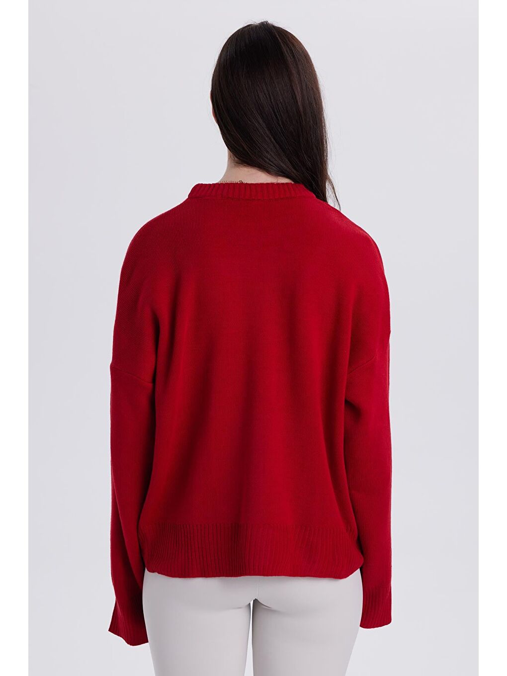 Kadın Oversize Geniş Kesim Bisiklet Yaka Kırmızı Kazak-6