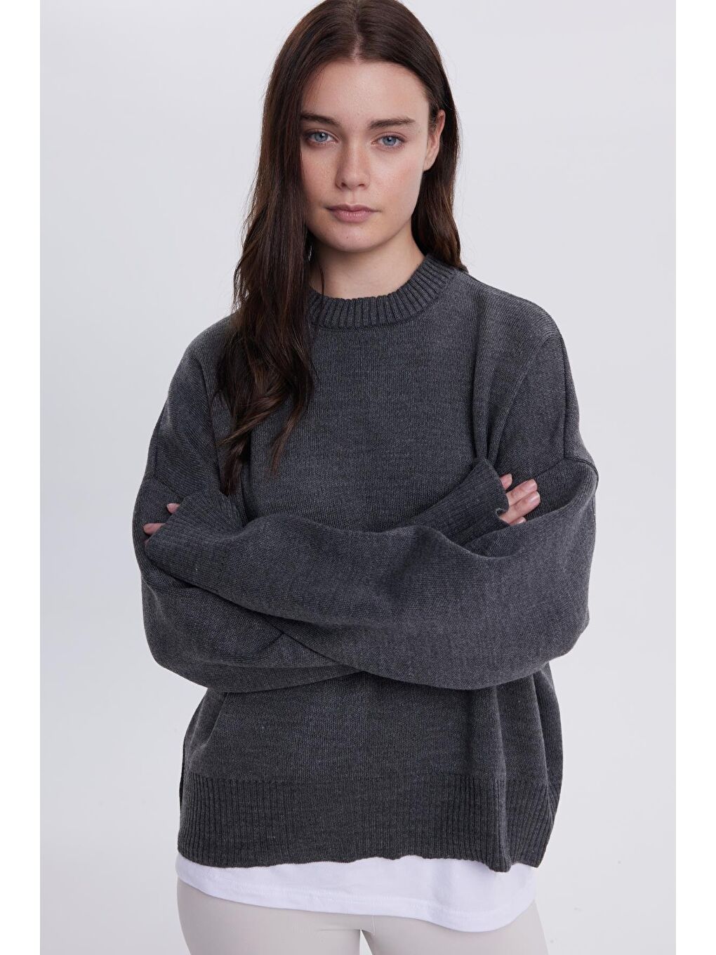 Kadın Oversize Geniş Kesim Bisiklet Yaka Antrasit Kazak