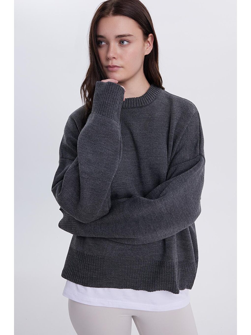 Kadın Oversize Geniş Kesim Bisiklet Yaka Antrasit Kazak-1