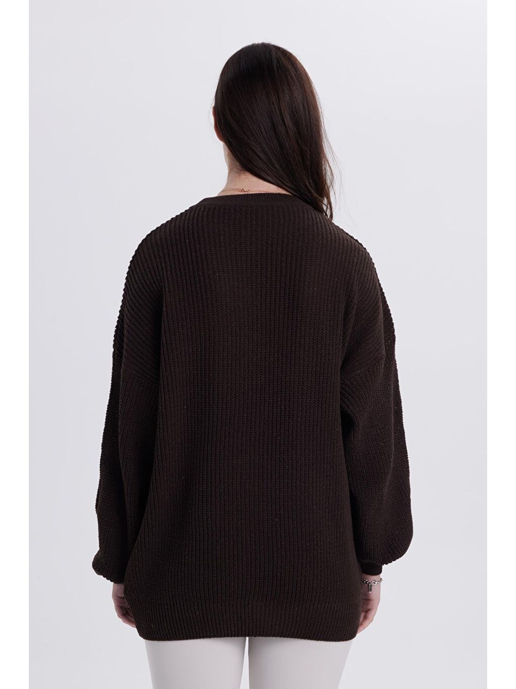 Kadın Oversize Geniş Kesim Örme Detaylı Bisiklet Yaka Kahverengi Kazak-7