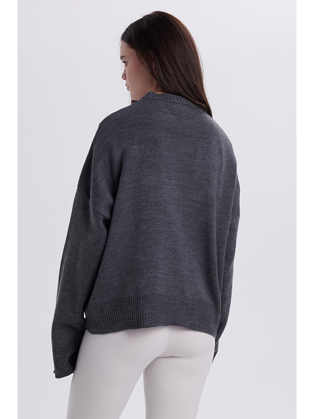 Kadın Oversize Geniş Kesim Bisiklet Yaka Antrasit Kazak-6