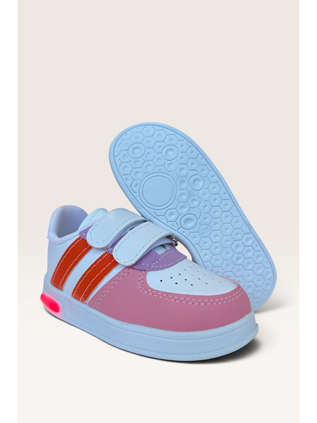 Pembe Işıklı Unisex Rahat Hafif Çocuk Spor Ayakkabı Pudra - Turuncu-4