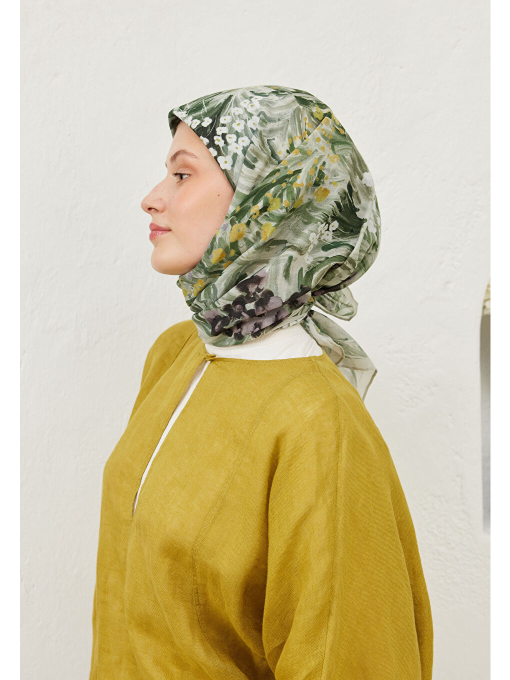 Botanic Desen Pamuk Vual Eşarp Haki-2