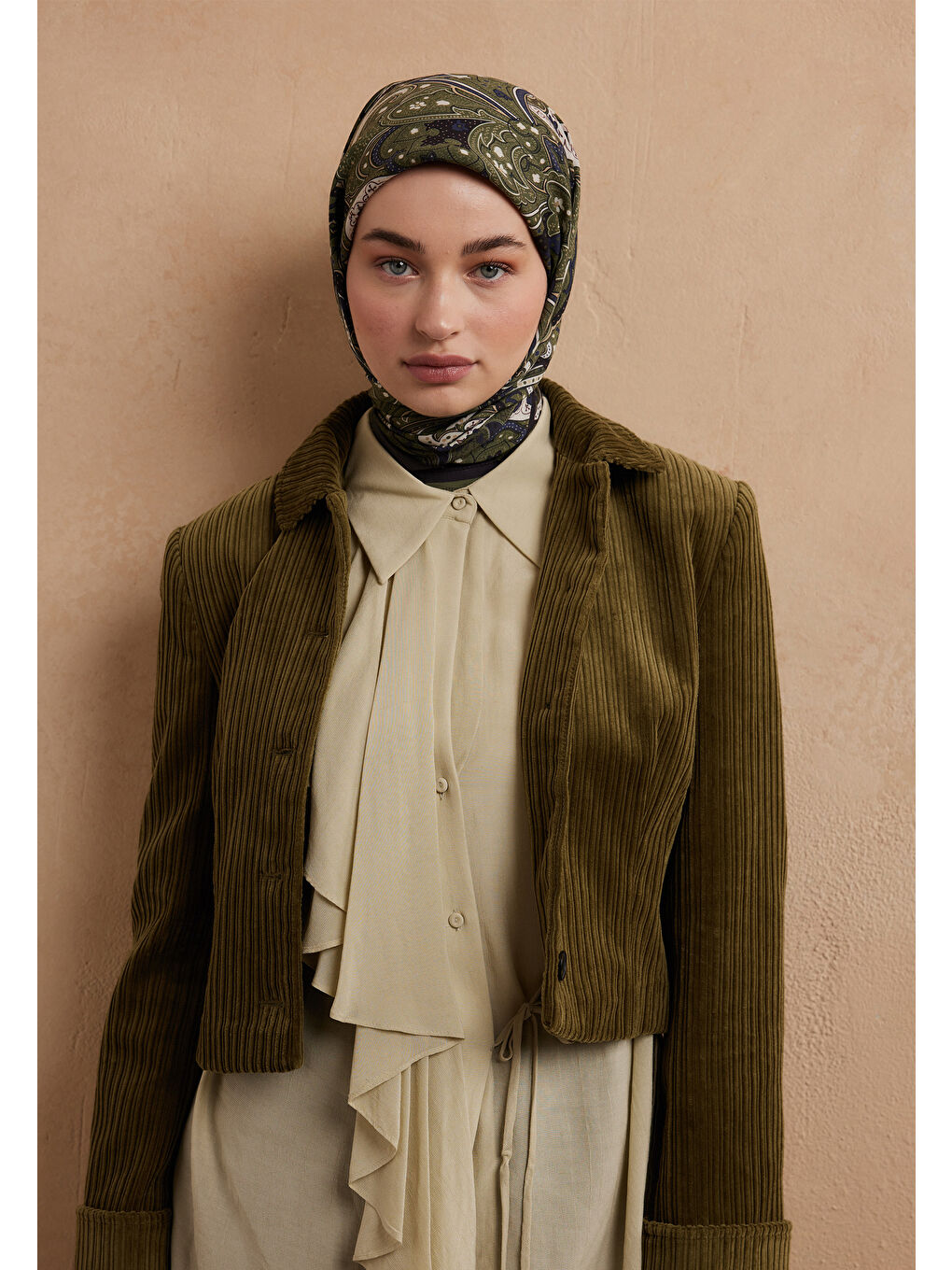 Sıara Desen Pamuk İpek Eşarp Askeri Yeşil