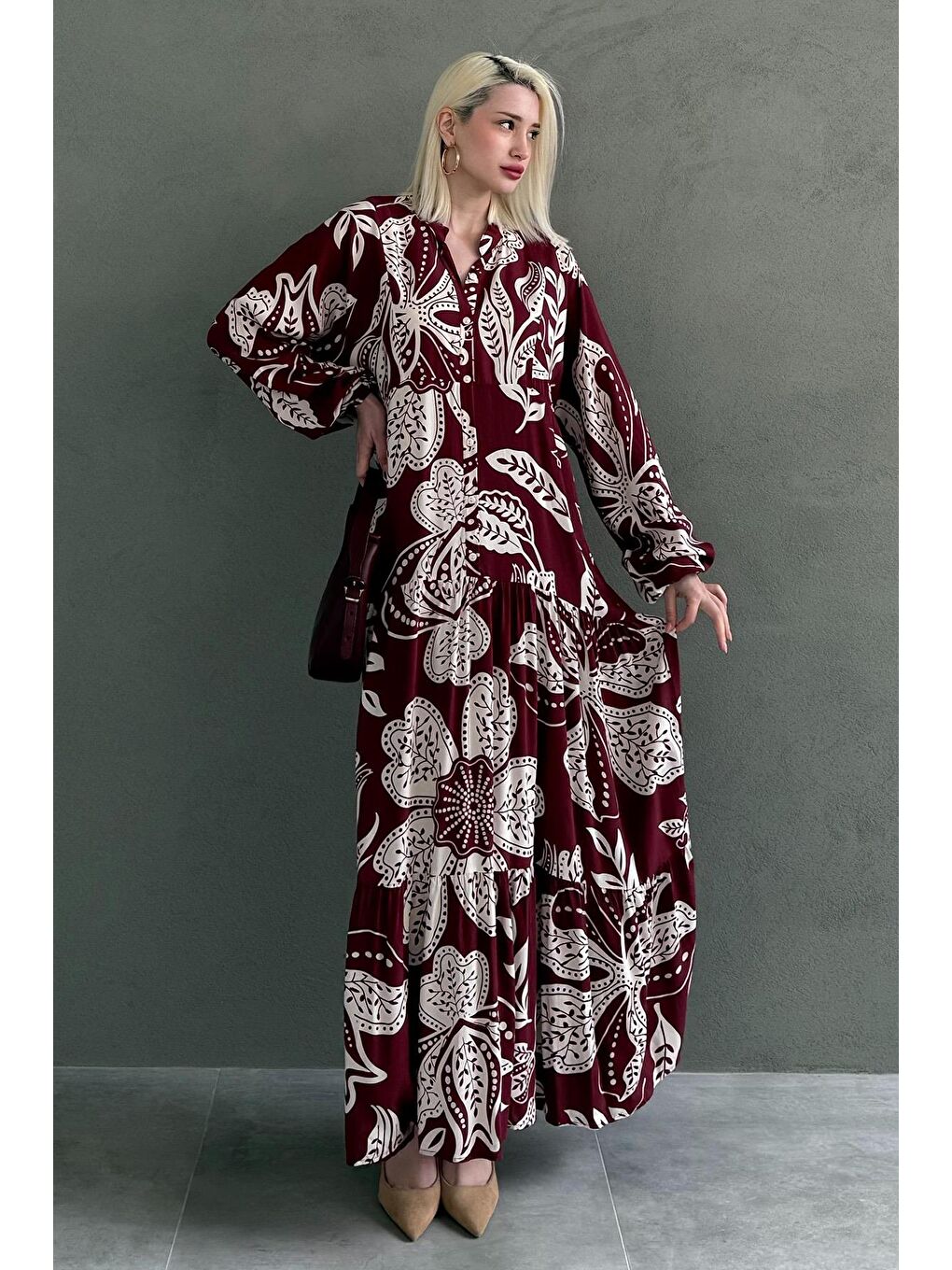 Bordo Desenli Düğmeli Uzun Kollu Elbise Mg2397