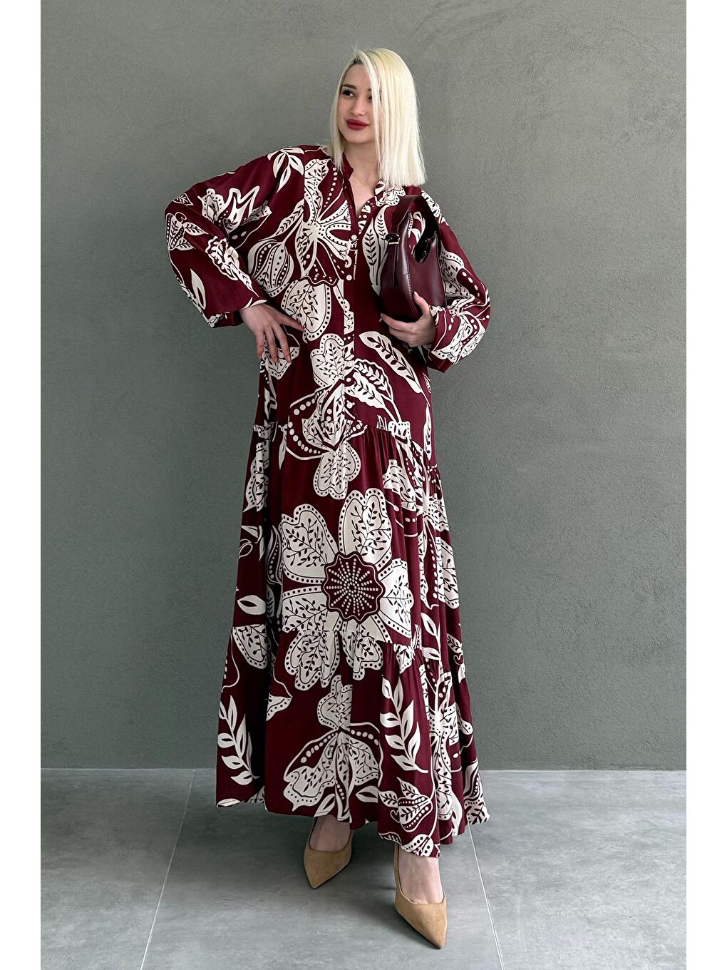 Bordo Desenli Düğmeli Uzun Kollu Elbise Mg2397-1
